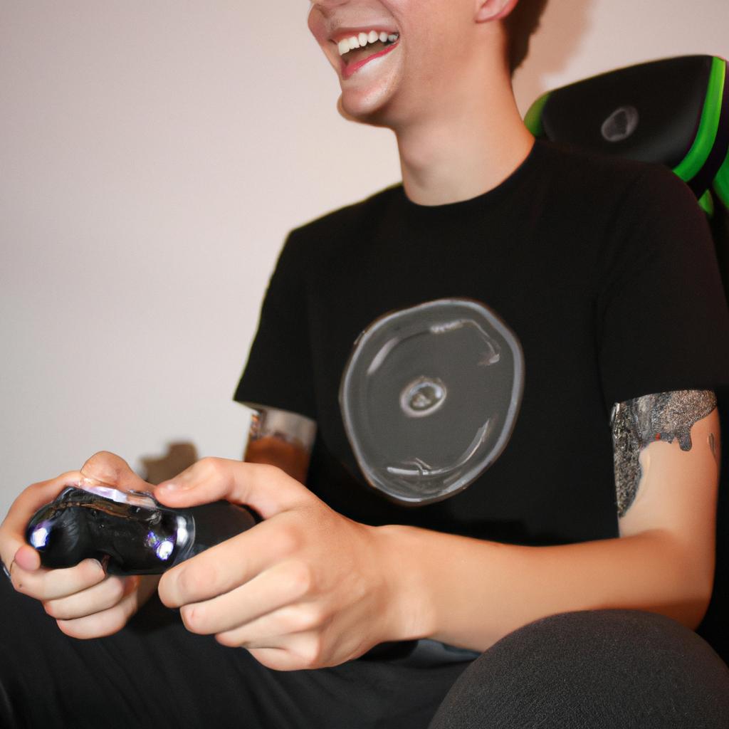 Person playing video game, smiling