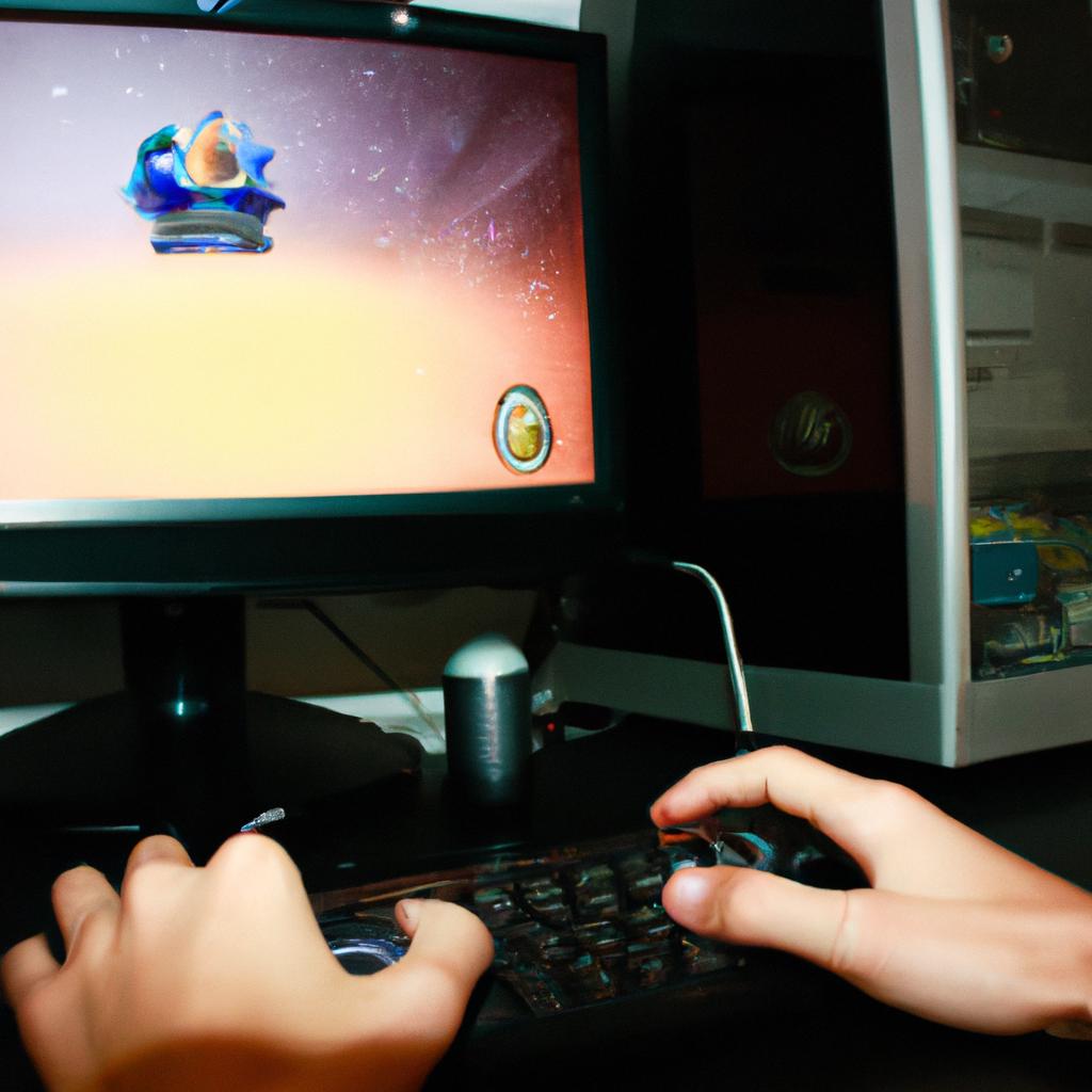 Person playing video games on computer